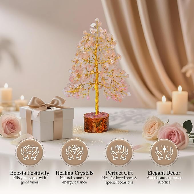 FASHIONZAADI Crystal Tree of Life with Rose Quartz - Pink Gemstone Bonsai for Positive Vibes - Feng Shui Money Tree for Meditation, Healing & Home Decoration