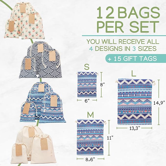 12 pcs Reusable gift bags. Bonus: 15 Gift tags & String. Multipurpose Gift wrap bags. Fabric gift bags. Gift bags assorted sizes for Holiday gifts, birthdays, parties. 2nd Ed.