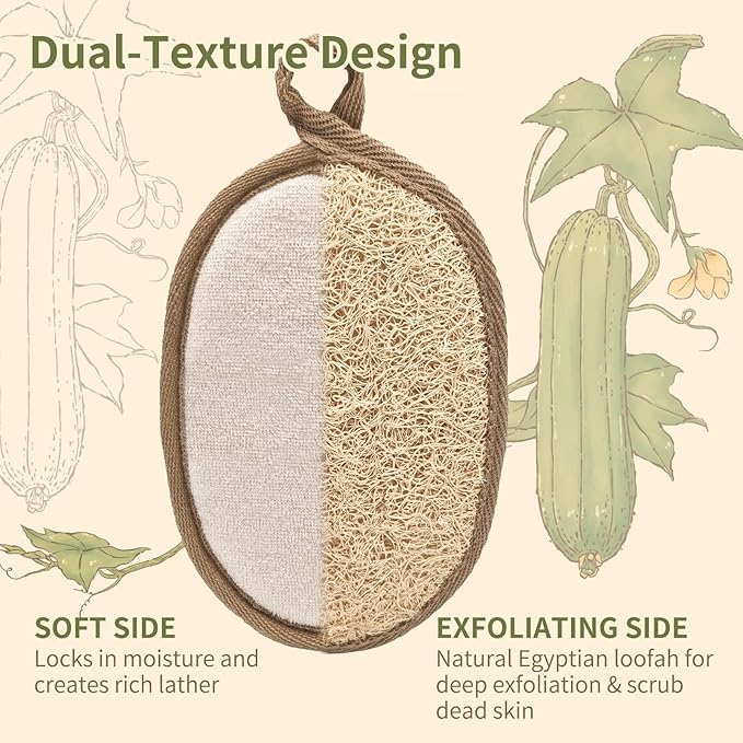 Natural Egyptian Loofah Bath Sponge Exfoliating Shower Scrubber Organic Luffa for Men and Women(tan 2Pack)