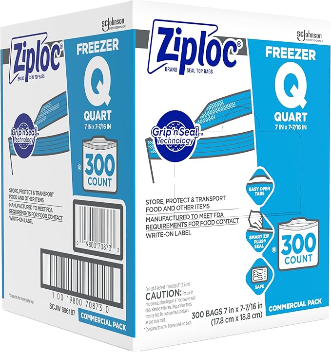 SC Johnson Professional Ziploc Quart Food Storage Freezer Bags, Grip 'n Seal Technology for Easier Grip, Open, and Close, 300 Count