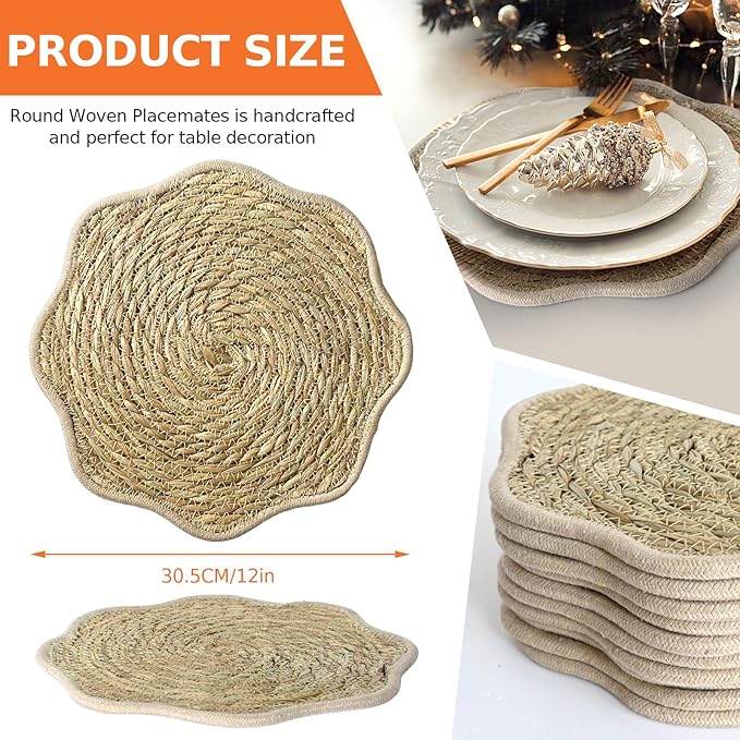 13.8 inch Round Woven Placemats Set of 10 Scalloped Placemats Boho Rattan Place mats Natural Water Hyacinth Flower Shaped Farmhouse Weave Mats Rustic Braided Wicker Mats for Dining Table Home Wedding
