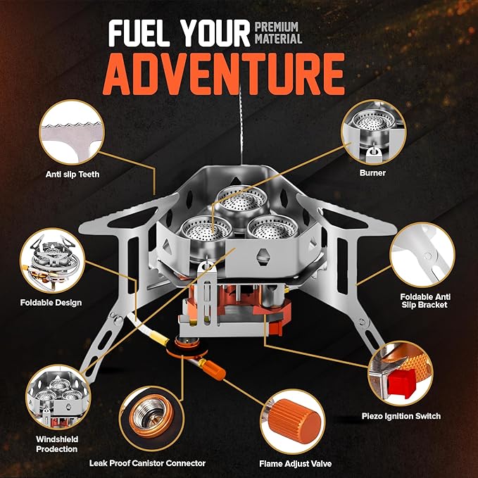 5000W Camping Stove, Backpacking Windproof Camp Stove with Piezo Ignition Carrying Case and 2 Additional Adapters, Compatable with Isobutane, Propane, Butane Tanks, Portable and Collapsible