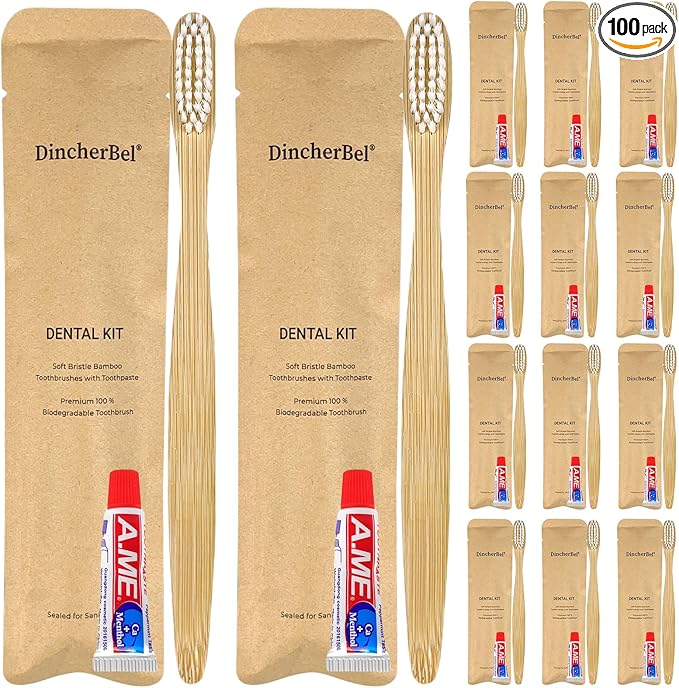 DincherBel Bamboo Toothbrushes Kit Bulk, Disposable Toothbrushes with Toothpaste(6g), Individually Wrapped Toiletries Amenities for Hotel, Airbnb, Homeless, Shelter, Camping and Travel (100 Pack)