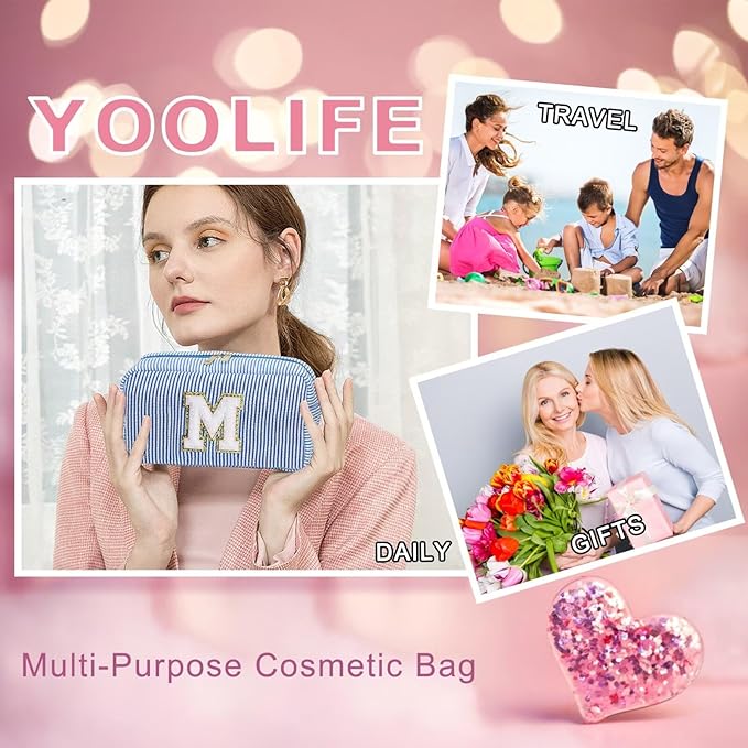 YOOLIFE Blue Cosmetic Travel Makeup Bag - Monogram Cute Initial Makeup Bags Cosmetic Toiletry Pouch Make Up Case for Women Her Best Friend Friendship Teacher, Personalized Birthday Gifts for Women V
