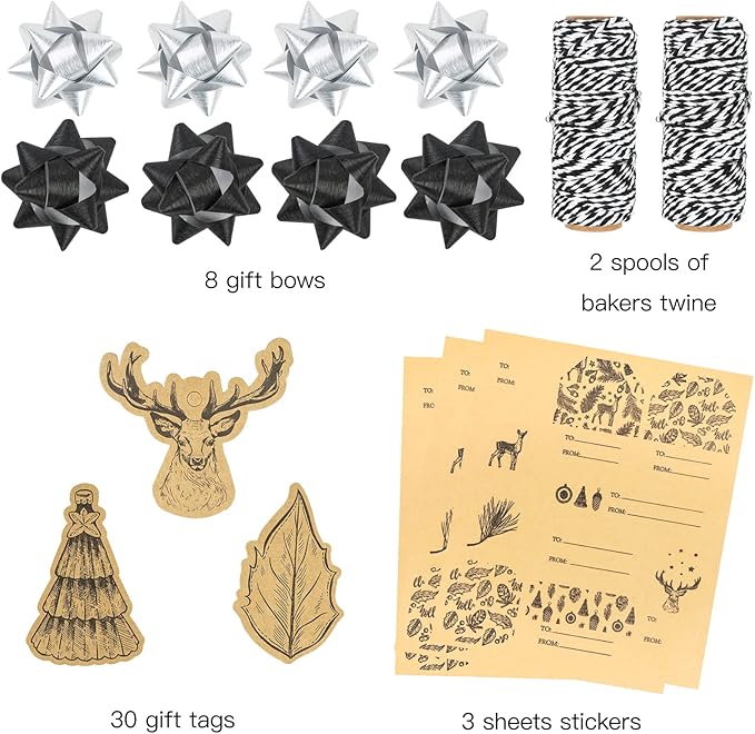 RUSPEPA Christmas Wrapping Paper Set - 4 Rolls of Kraft Wrapping Paper (30 Inches x 10 Feet Per Roll) with 8 Gift Bows, 1 Spools of Bakers Twine, Jute String, 30 Stickers and 30 Gift Tags - Black