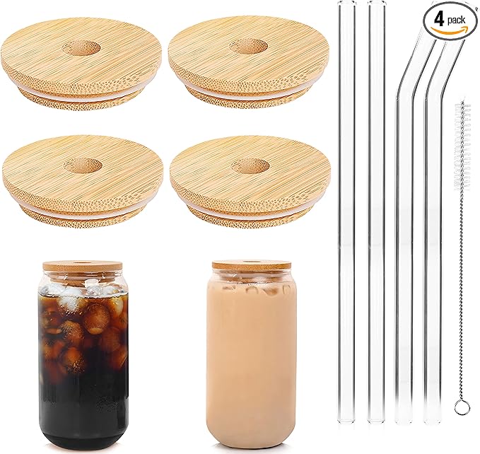 ANOTION Bamboo Lids for Can Shaped Glass, Mason Jar Lids with Straw Hole, 4 Reusable Bamboo Drinking Lid for Regular Mouth Mason Jar with 4 Reusable Glass Straw for Coffee Cup