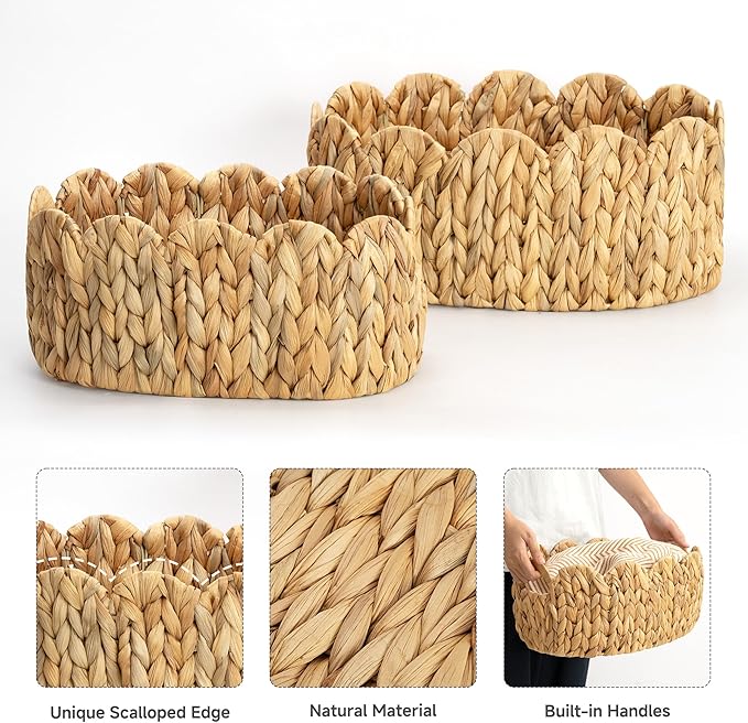 StorageWorks Scalloped Wicker Basket, Hand-woven Rattan Baskets with Built-in Handles, Cute Baby Basket for Nursery, Water Hyacinth Baskets for Organizing and Decor, 2 Pack
