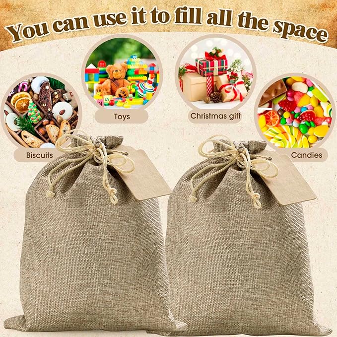 Homum 6 PCS 12x16 Inch Burlap Gift Bags with Drawstring and Gift Tags, Burlap Sack, Jute Bags for Christmas, DIY Craft