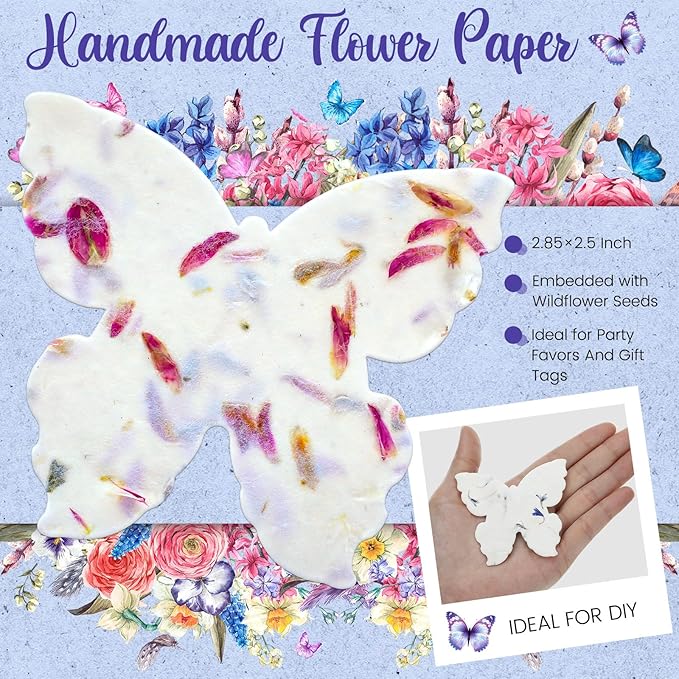 50 Pcs Handmade Seed Paper Plantable Wildflower Seed Paper Recycled Flower Petals Tags Wedding Favors for Guests Craft Gifts Cards for Envelope Birthday Party, 5 Styles (Butterfly Shape)
