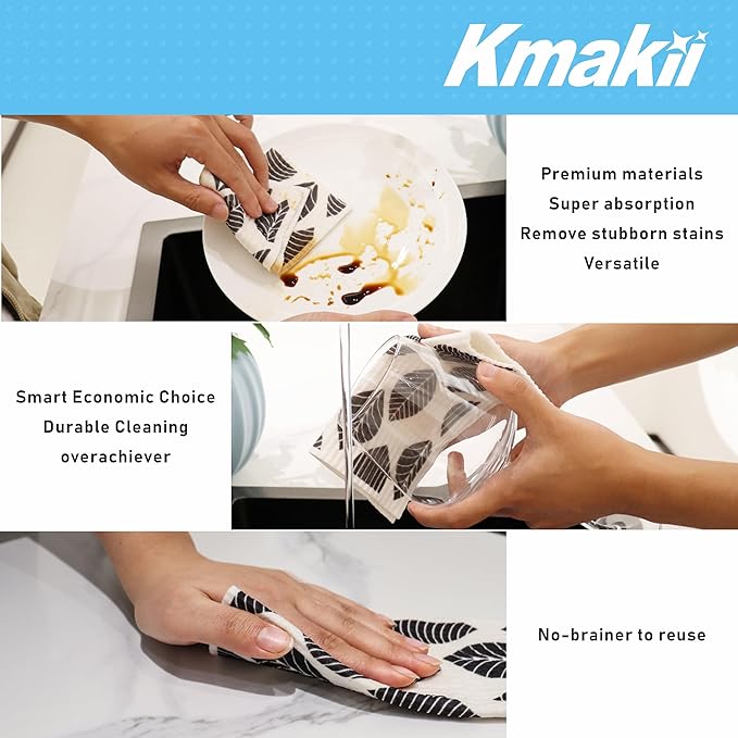 KMAKII Swedish Dishcloths Reusable, Absorbent, Quick-Drying Sponge Cloths for Kitchen and Counter Cleaning, Reusable Dish Towels and Dish Cloths, Black & White, Pack of 5 Pcs