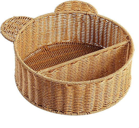 Natural Woven Bear Ear Wall Shelf Handmade Storage Basket for Small Plants and Books Decorative Floating Organizer with Unique Animal Design