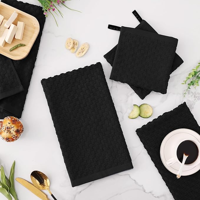 Fintale 100% Cotton Kitchen Towels and Dishcloths Set, 12 x 12 & 15 x 25 Inches, Set of 12 Bulk Super Soft and Absorbent Terry Cloth Dish Towels, Quick Drying Hand Towels with Hanging Loop, Black
