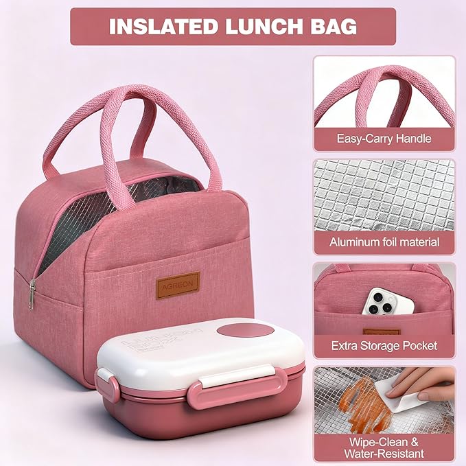 Lunch Box for Women & Adults - Kid-Friendly 37.2oz 3-Compartment Bento Box with Thick Insulated Lunch Bag, Leak-Proof with Sauce Container, Built-in Utensil Set, Dishwasher Safe (Claret)