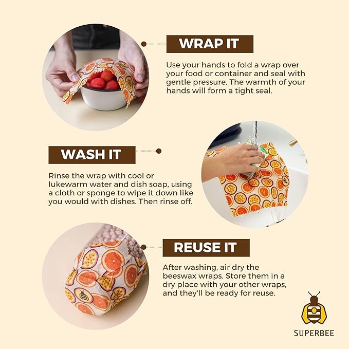 SUPERBEE Beeswax Wrap for Food, Set of 3 Bees Wax Wraps, Reusable Bees Paper for Wrapping Vegetables, Cheese, Bowl Covers and Sandwich Wrapping Paper, Beeswax Food Wraps (Fruit Punch)