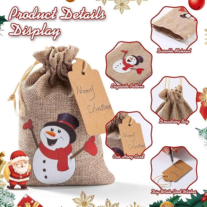 Homum 25 Pcs Christmas Burlap Gift Bags with Drawstring and Tags - 7x9 Inch Tiny Small Gift Bags for Xmas Candy and Christmas Supplies