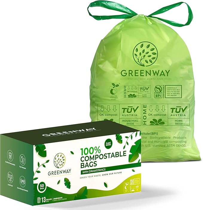 GREENWAY 13 Gallon Compostable Trash Bags Liners Drawstring, 50 Bags, Heavy Duty Extra Thick 0.90 Mil, Tall Kitchen Food Scrap Waste Bags, US BPI and Europe OK Compost Home Certified