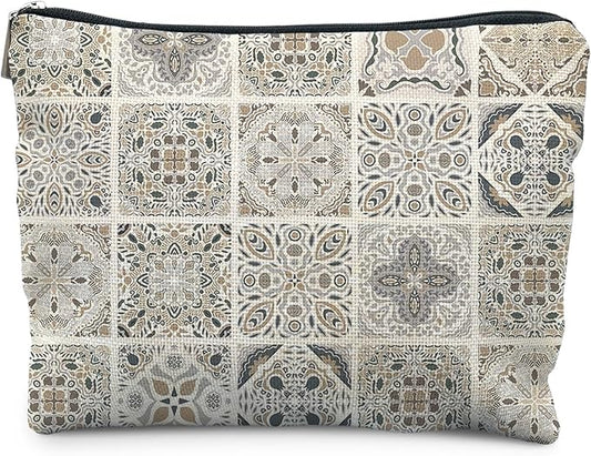 Vintage Boho Mandala Floral Makeup Bag, Ethnic Moroccan and Mediterranean Tile Cosmetic Bags for Women, Mexican Gifts for Women, Traditional Block Print Zipper Makeup Pouch