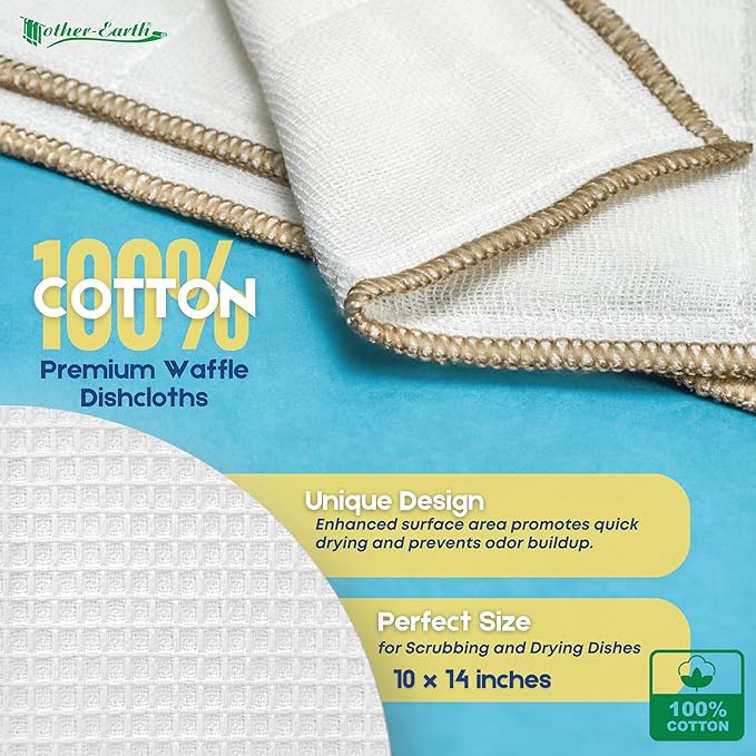 Mother-Earth Cotton Dish Cloths, Ultra Absorbent Quick-Drying Cleaning Cloths, Reusable and Eco-Friendly Dish Rags for Kitchen Use (12)