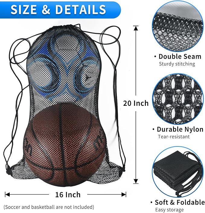2 Pcs Mesh Drawstring Bag 16 x 20 Inch Heavy Duty Nylon Net Bags, Durable Mesh Backpack for Gym Hiking Swimming Soccer Ball Basketball Beach Toys Laundry Mushroom Foraging Etc (Black)