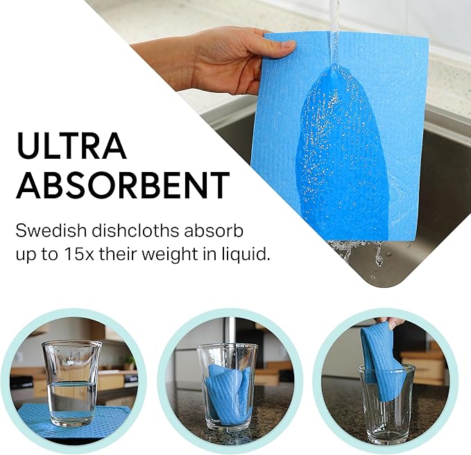 Swedish Wholesale Dishcloths, Cellulose Sponge Cloths – Bulk 10 Pack of Eco-Friendly, No Odor, Reusable Cleaning Cloths for Kitchen – Absorbent Dish Cloth Hand Towel