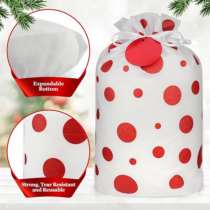 Fabric Gift Bags for Christmas Presents - 6 Pcs Gift Wrap Christmas Bags with Drawstring, Large Xmas Gift Bags for Presents, Reusable Xmas Bags for Gifts (Glitter Red, Assorted)