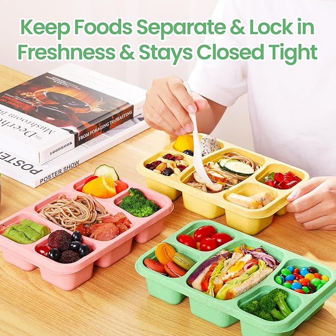 Bento Boxes Adult Lunch Containers 4 Pack, 5 Compartment Reusable Lunchable Containers for Kids, Stackable Snack Box With XXL Space for Sandwiches,Meal Prep for School