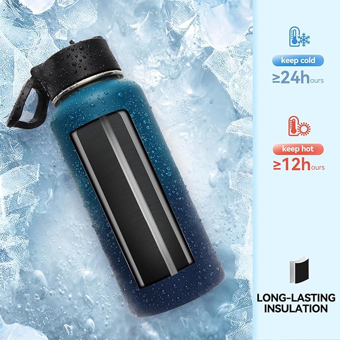 Neihepal 32 oz Insulated Water Bottles Bulk with 2 Lids (Straw & Spout Lid), Stainless Steel Double Wall Water Bottle, Keeps Cold 24H & Hot 12H (Dark Night,4 Pack)