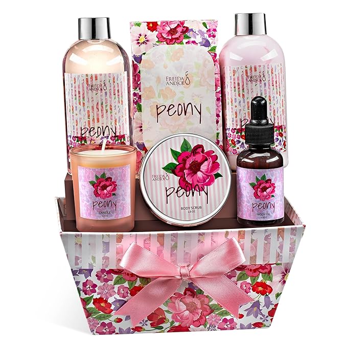 7-Piece Bath and Body Gift Set for Women with Shower Gel, Body Lotion, Body Scrub, Body Oil, Bath Salt, and Scented Candle – Perfect Spa Gift (Peony Floral)