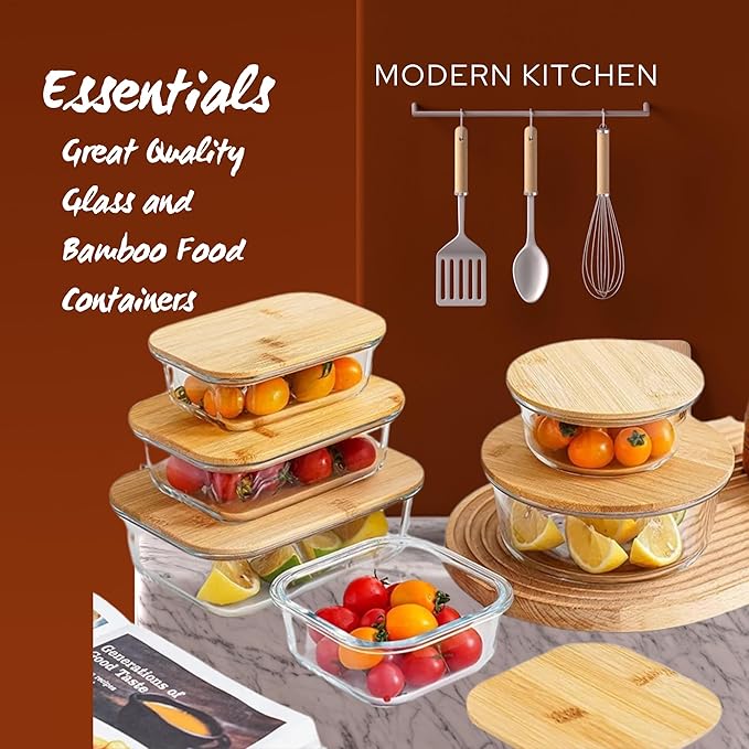 Glass Food Containers with Bamboo Lids – 6-Piece Round Set, Leakproof Storage Bowls, BPA-Free Glass Meal Prep Containers, Airtight Kitchen Set