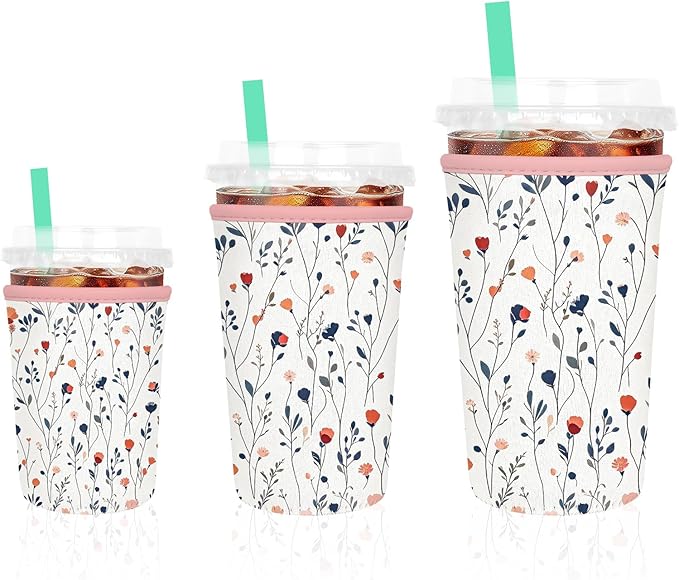 3 Pack Iced Coffee Sleeve, Reusable Insulated Neoprene Cup Sleeve for Cold & Hot Drinks Beverages, Cup Holder for 16-32oz Coffee Cups, White Flowers