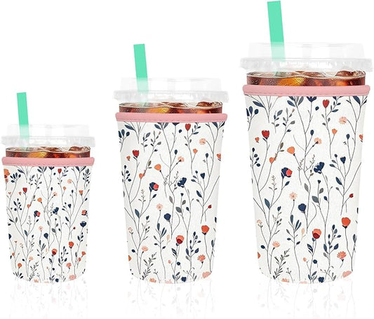 3 Pack Iced Coffee Sleeve, Reusable Insulated Neoprene Cup Sleeve for Cold & Hot Drinks Beverages, Cup Holder for 16-32oz Coffee Cups, White Flowers