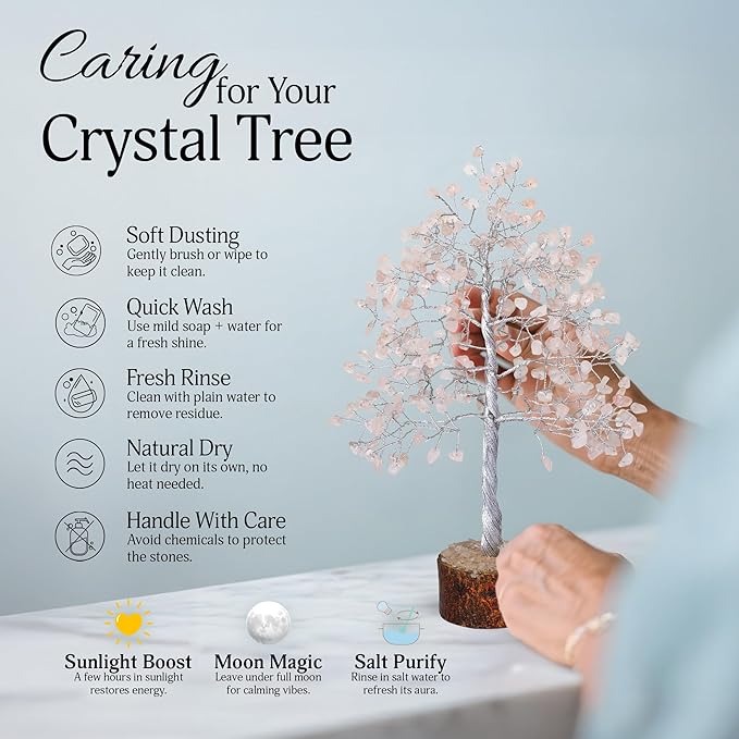 FASHIONZAADI Rose Quartz Crystal Tree, Silver Wire Feng Shui Gemstone Decor, Chakra Healing Stones Crystal Decor, Artificial Bonsai Money Tree, Good Luck Spiritual Gifts for Women & Men