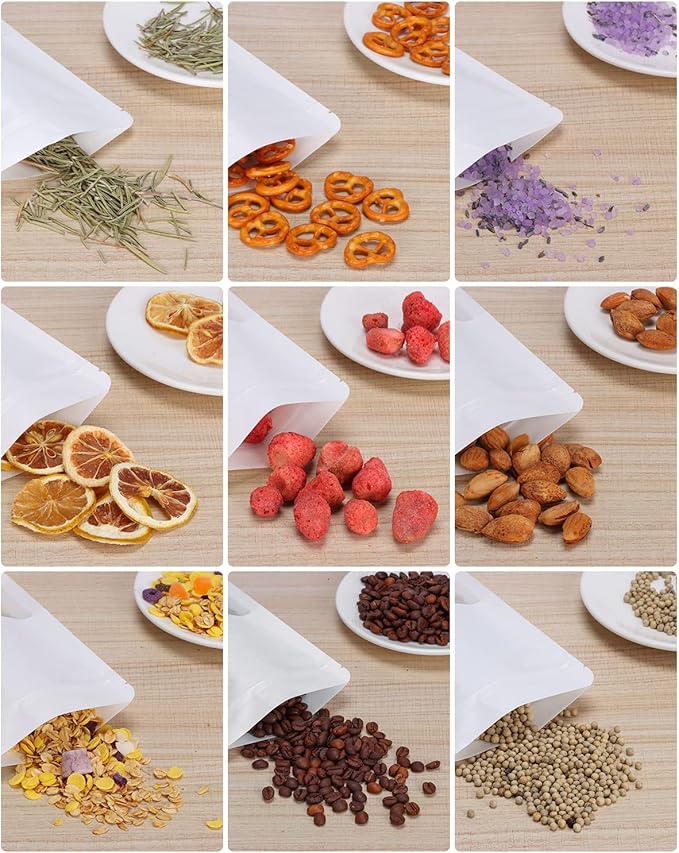 100pcs Kraft Bags with Window 4.7x7.8 Inches White Reusable Sealable Zip Lock Food Storage Stand up Paper Pouches for Home or Business