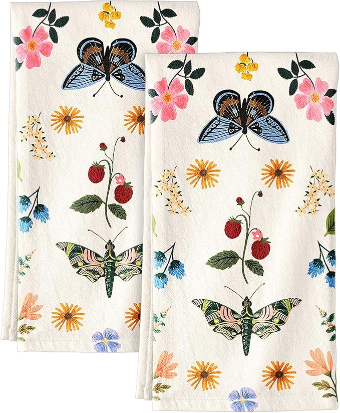 Flour Sack Kitchen Towels Set of 2-18x26 Cotton Dish Towels with Hanging Loop Reusable Tea Towel for Cleaning Spring Absorbent Dishcloths Cute Home Decor Housewarming, Butterfly Garden