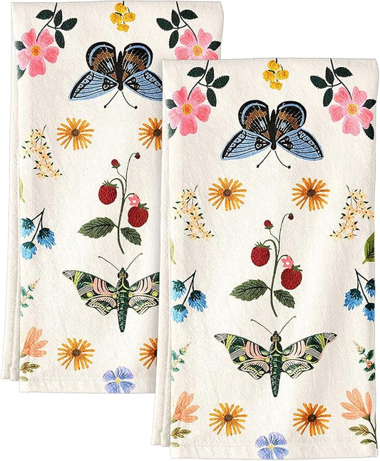 Flour Sack Kitchen Towels Set of 2-18x26 Cotton Dish Towels with Hanging Loop Reusable Tea Towel for Cleaning Spring Absorbent Dishcloths Cute Home Decor Housewarming, Butterfly Garden