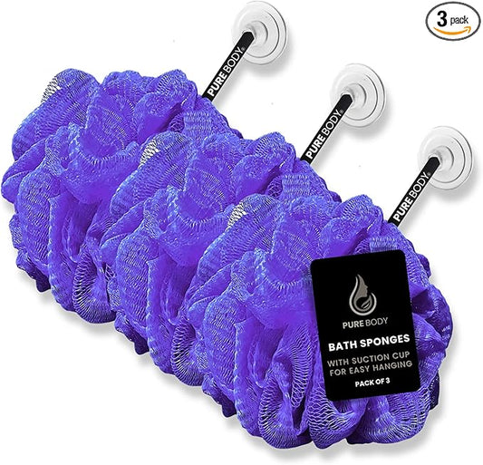 Large Purple Bath Sponge Pack of 3 – Gentle Exfoliation Loofahs with Suction Cup for Easy Drying, Soft 70G Mesh Poufs for All Skin Types, Lather for Daily Use
