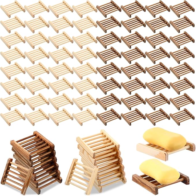 Amyhill 100 Pcs Bamboo Wood Soap Dish Bulk Bathroom Wooden Soap Holder Savers Self Draining Dishes Handcraft Tray, 3.3 x 3.3 x 0.67 Inch (Wood Color,Charcoal Color)
