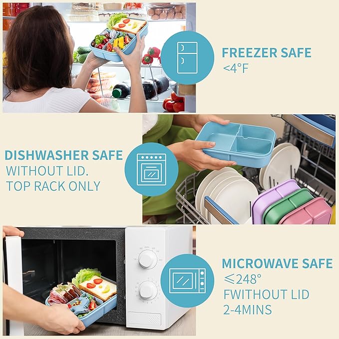 Wheat Straw Lunch Box - Leakproof Bento Box for Kids & Adults, BPA-Free 3-Compartment Food Containers, Microwave & Dishwasher Safe (Blue, 5.5 Cup)