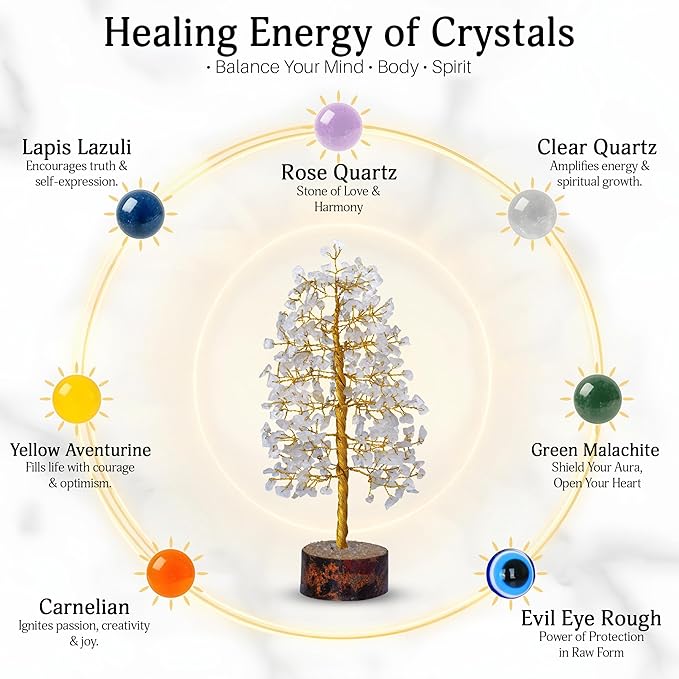 FASHIONZAADI Clear Quartz Gemstone Tree of Life - Handmade Crystal for Positive Energy, Chakra Money Tree Bonsai - Feng Shui Decor, Healing Crystals and Meditation Accessories, Spiritual Gift
