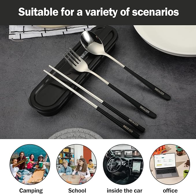 Travel cutlery set, 18/8 stainless steel cutlery, Reusable utensils set with case, Portable Silverware Lunch Box for Camping and Office (Black/knife set)