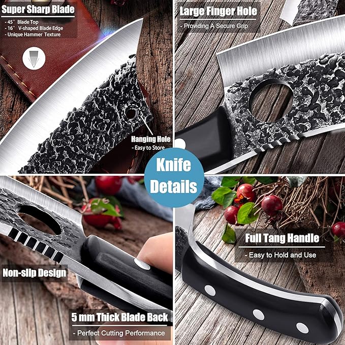 ROCOCO 6.3" Cleaver Butcher Knife Sharp Full Tang Knife with Sheath for Home Outdoor BBQ Camping Mother Father Gift Idea Men
