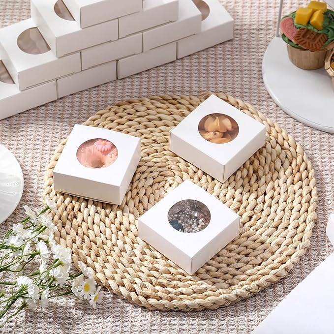 TaoBary 100 Pcs Soap Boxes for Homemade, 3 x 3 x 1.2 Inch Small Paper Gift Packaging Boxes with Window, Gift Wrappers for Soap Packaging Making Party Favor(Round,White)