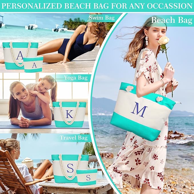 YOOLIFE Christmas Gifts for Women - Personalized Initial Canvas Beach Bags for Women Gifts for Mom Teacher Friend Birthday