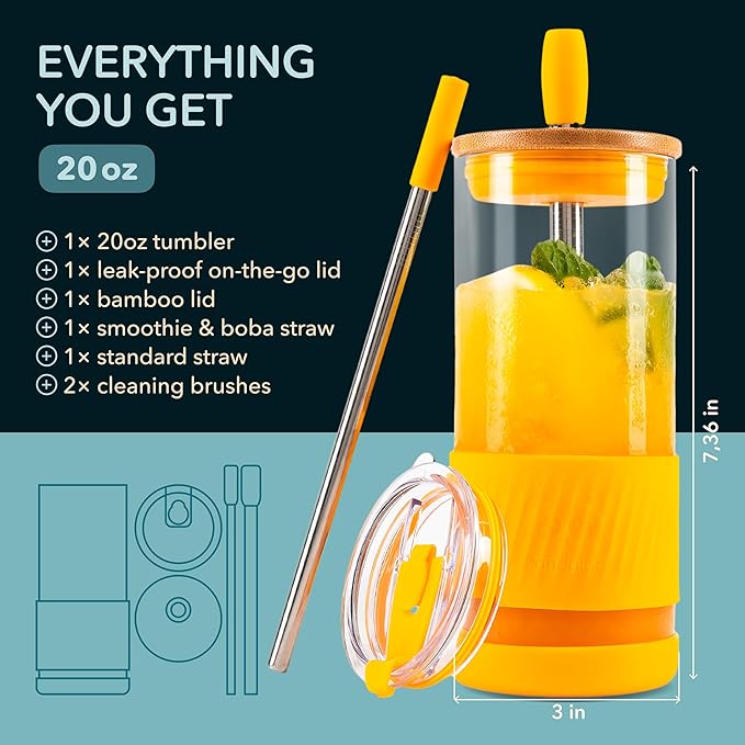 Pandaloo® Glass Cups With Lids and Straws -20 Fl Oz- Perfect Size Iced Coffee Cup - Smoothie Cup With Bamboo Lid and On the go Lid - Glass Tumbler With Straw (1 Count (Pack of 1), Maracuja Dream)