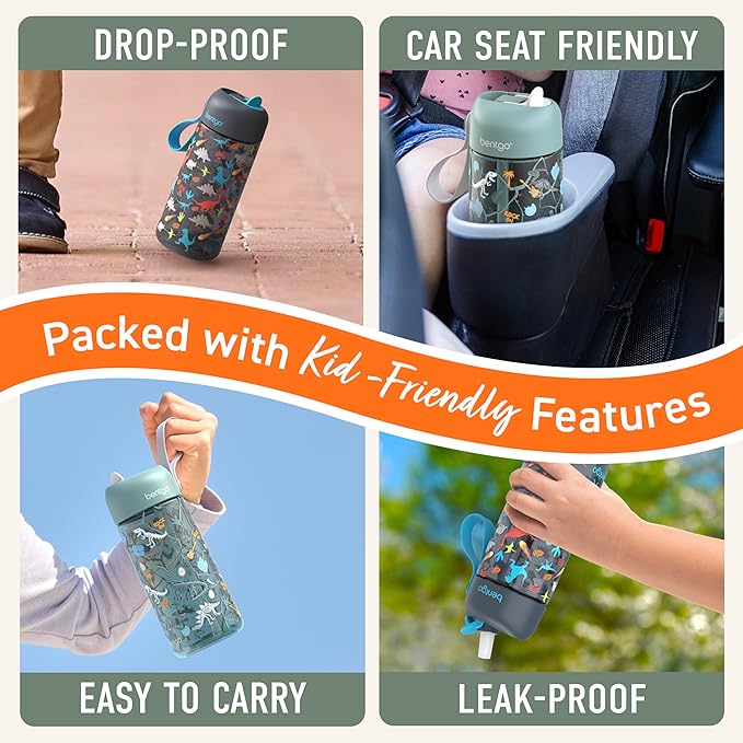 Bentgo Kids Water Bottle 2-Pack - Leak-Proof, Durable Tritan, BPA-Free 15 oz. Cup for Kids/Toddlers Ages 3+, Safe Sip Spout, & Dishwasher Safe for School/Sports/Daycare/Camp (Dinosaur/Dino Fossils)