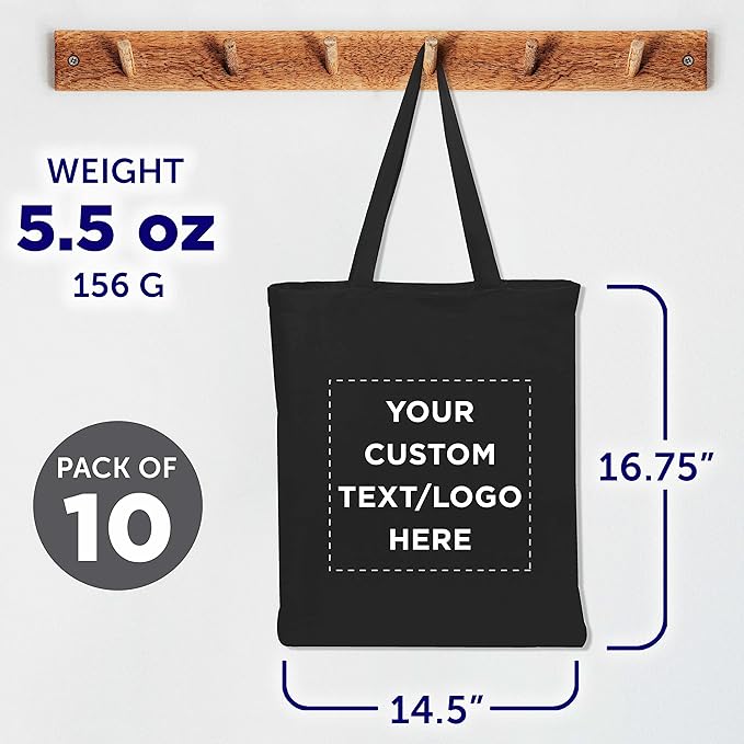 DISCOUNT PROMOS Custom Cotton Canvas Tote Bags Set of 10, Personalized Bulk Pack - Reusable, Great for Shopping, Grocery, Beach, Picnic, Wedding Favors - Black