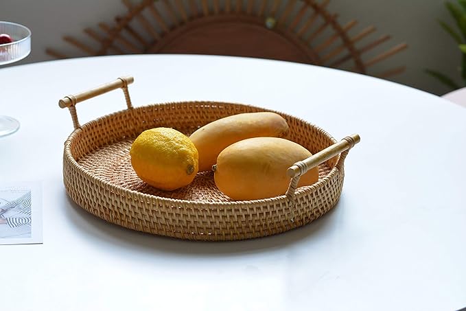 DECRAFTS Rattan Round Serving Tray Wicker Woven Bread Basket with Handles for Cracker Dinner Parties Coffee Table Breakfast (Natural 12.6 inches)