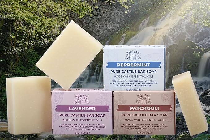 Adams Handmade Soap Variety Pack – 6 Bar Set: Tea Tree, Lavender, Eucalyptus, Patchouli, Peppermint, Lemongrass | Vegan, Cold Process, 84% Organic, USA Made
