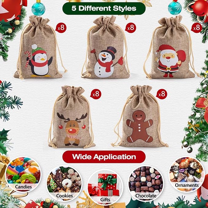 Homum 40 Pcs Christmas Burlap Gift Bags with Drawstring and Tags - 4x6 Inch Tiny Small Gift Bags for Xmas Candy and Christmas Supplies