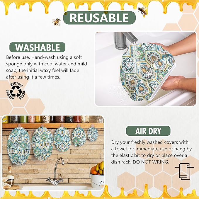 Li’l Things Beeswax Bowl Covers – Set of 5 (XS–XL) | [Pattern Name] | New Formula with Enhanced Beeswax Blend | Reusable, Eco-Friendly, Compostable Wraps for Food Storage, Bowls & Jars - Suzani